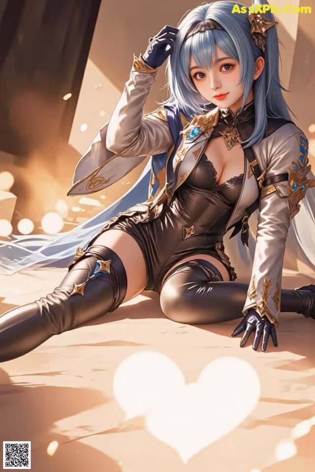 A woman with blue hair sitting on the ground.