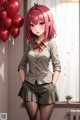 A girl with pink hair standing in front of a window with red balloons.